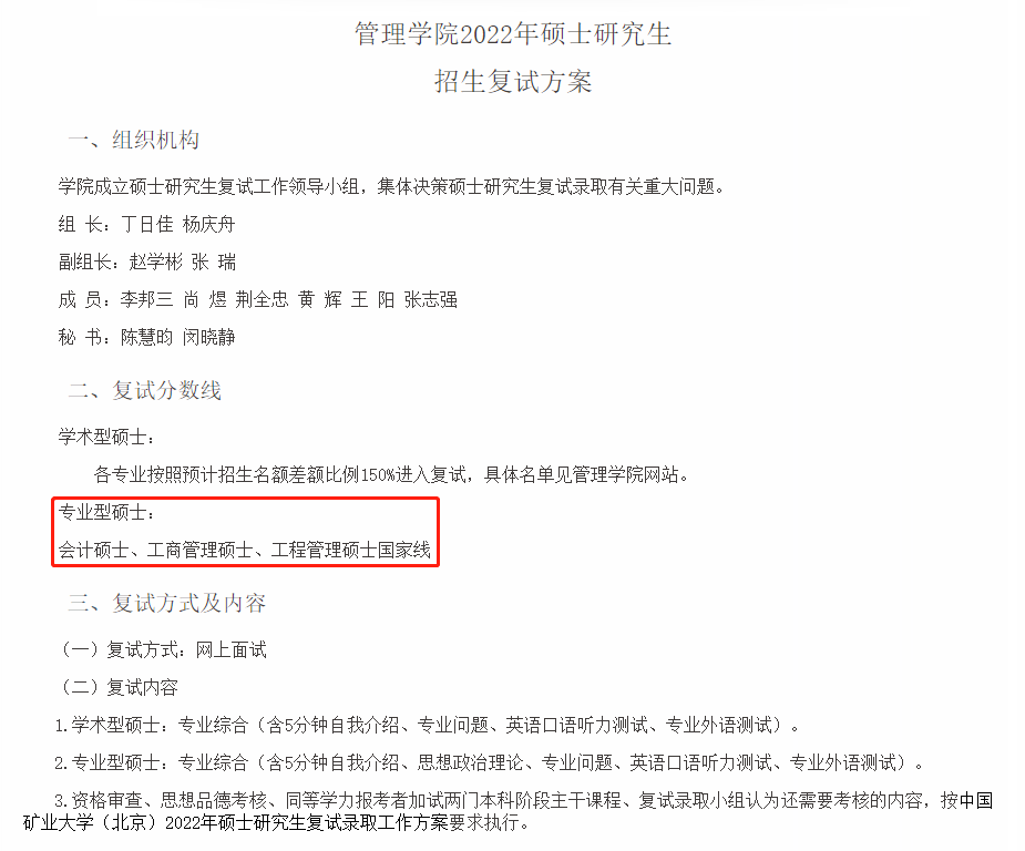 中国矿业大学（北京）2022年MEM复试分数线