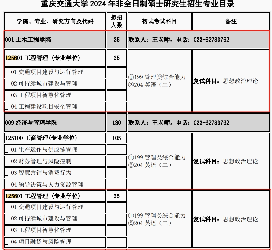 重庆交通大学2024年MEM（125601、125604）招生简章